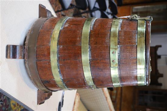 An early 19th century brass bound staved oak salt beef barrel, Overall Diam. 2ft 1in. H.2ft 5in.